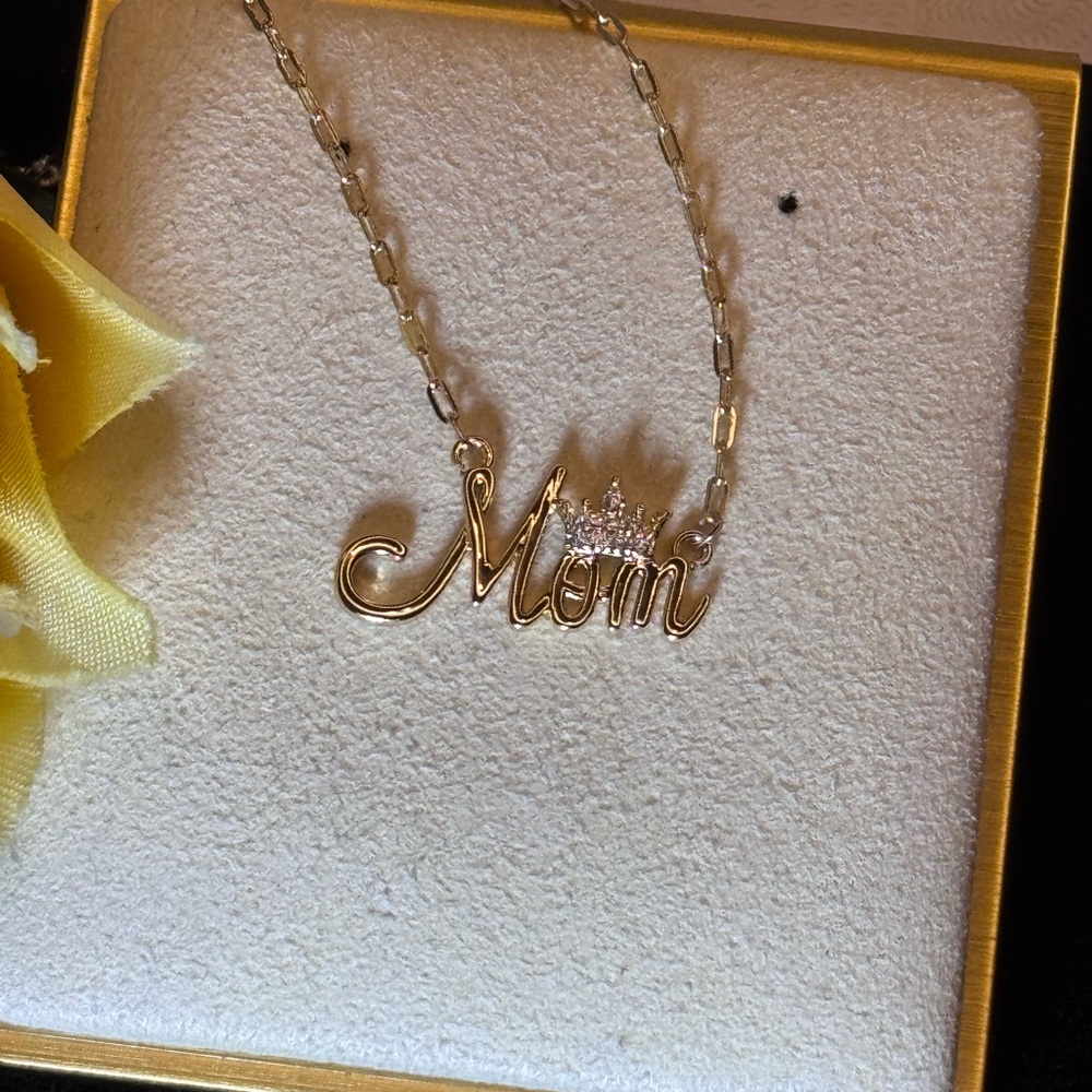 Crystal Crown “MOM” Pendant 14k Gold overlay Necklace Made W/ Swarovski Crystals